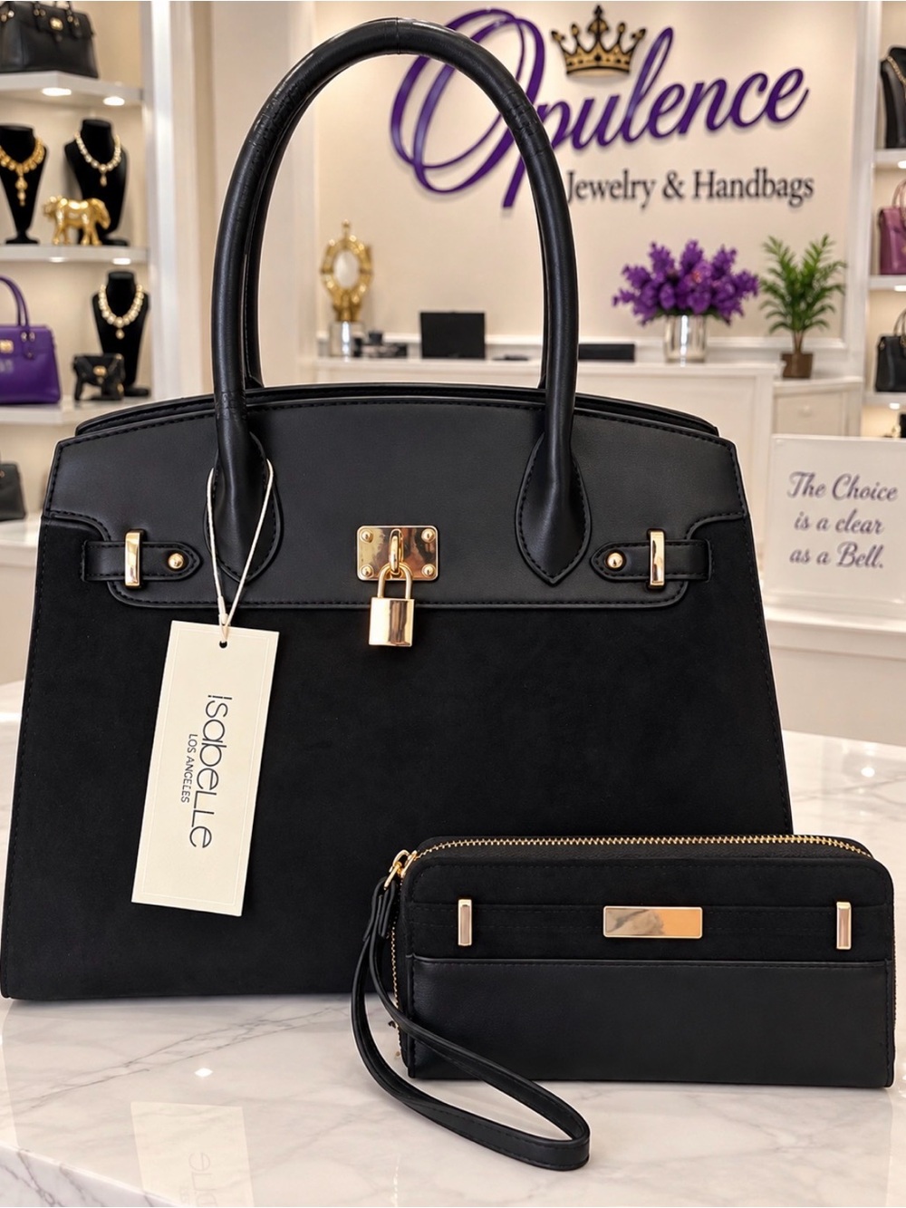 Black Structured Satchel with Matching Wallet